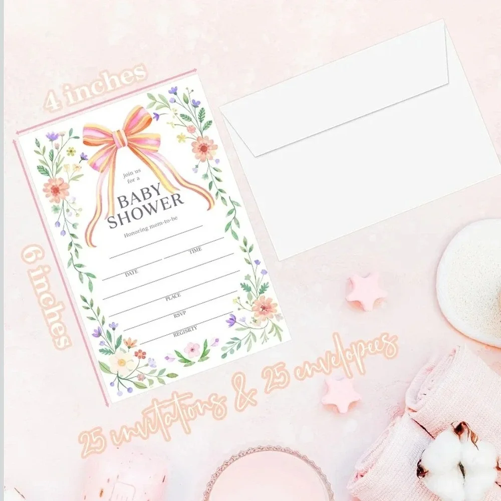 Baby Shower Invitations 25 Count Floral Pink Bow 4x6 A03